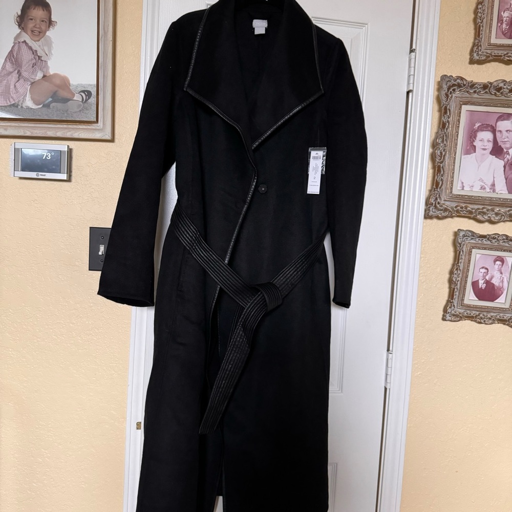 Chicos Wool Coat with Faux Leather Trim Black  New with Tags size 2